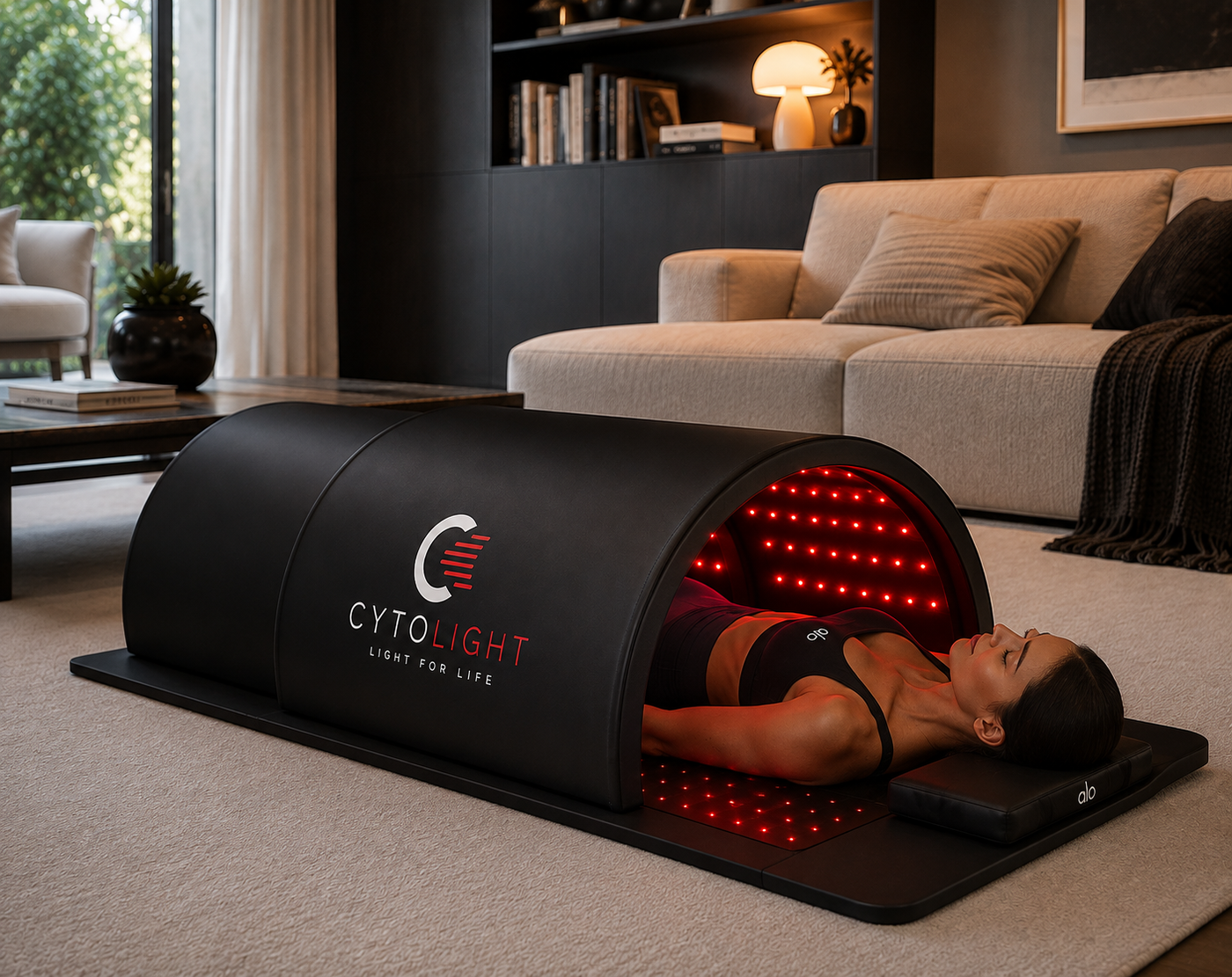 Interior view of the CytoLight Sauna Dome showing the red and near-infrared LED array