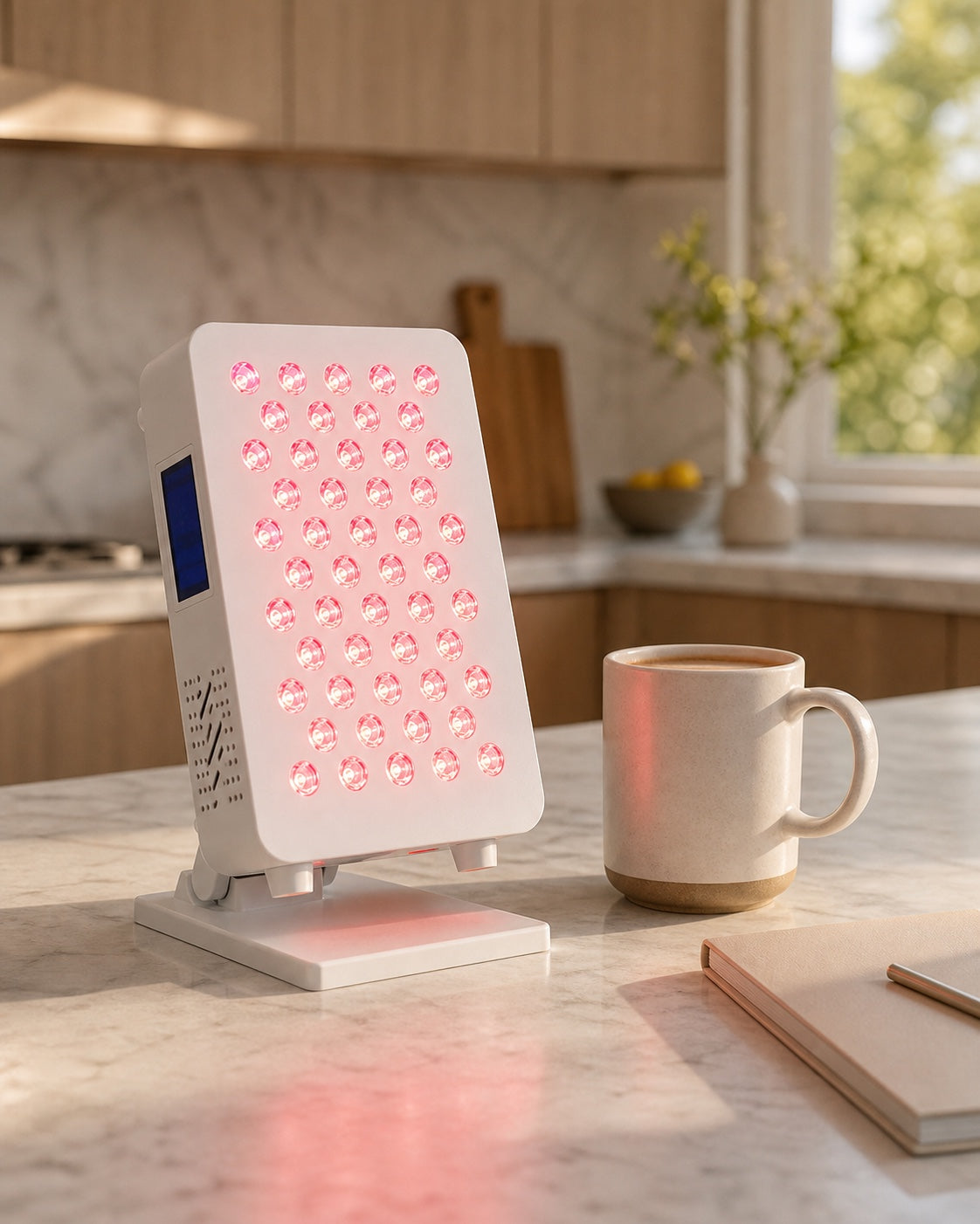 Antared DESK panel on a kitchen counter beside a coffee mug
