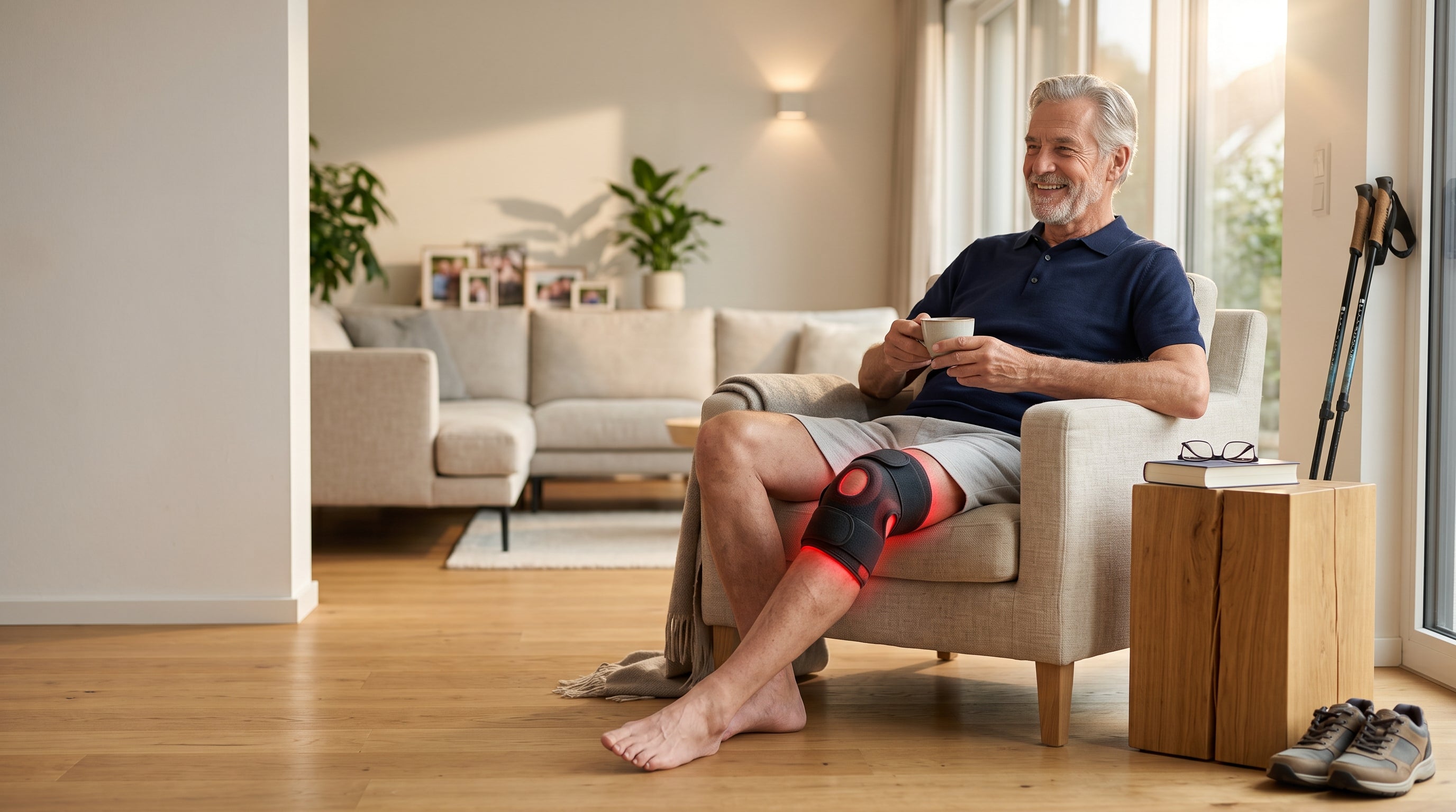 Homme senior portant Antared Knee, d&eacute;tendu &agrave; la maison