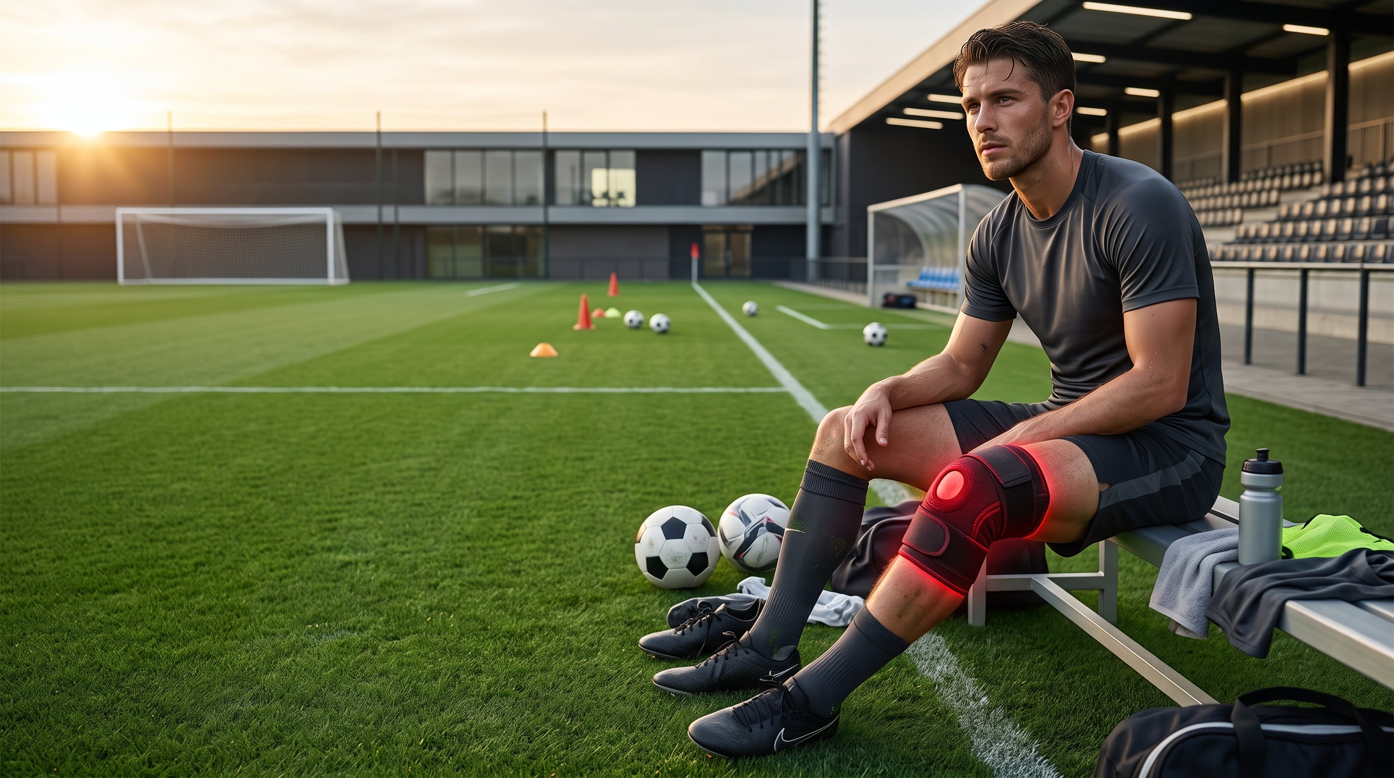 Joueur de football portant Antared Knee apr&egrave;s l'entra&icirc;nement