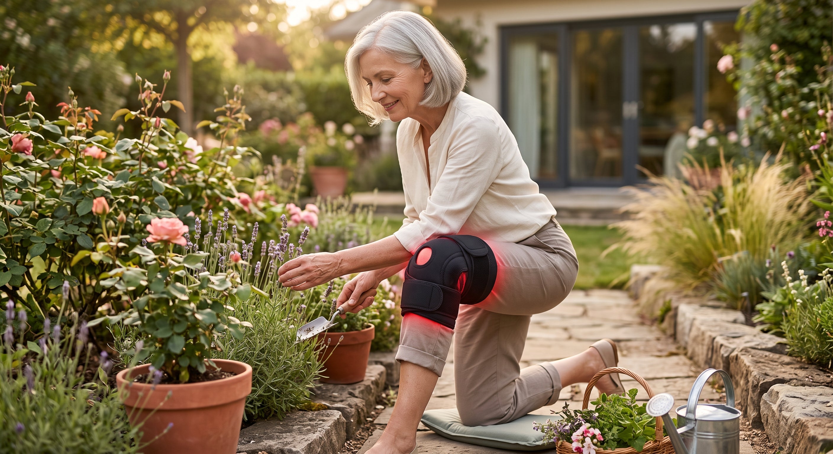 Femme active portant Antared Knee en jardinant