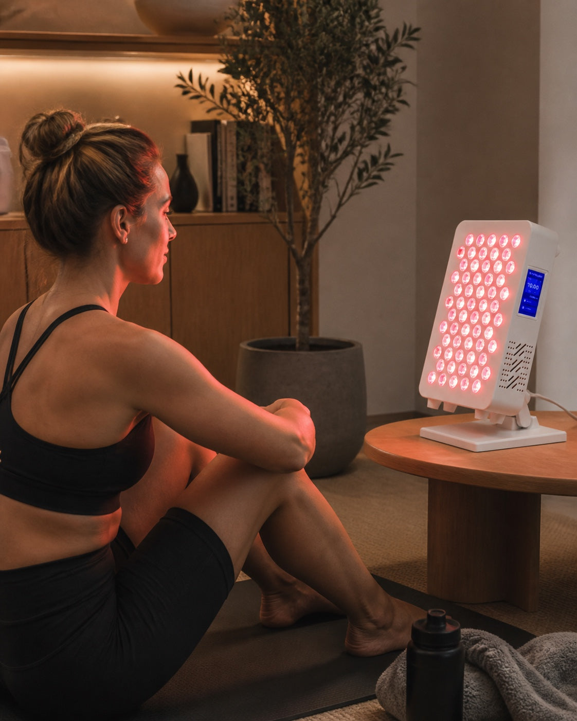 Athlete using a Antared red light panel for a recovery routine